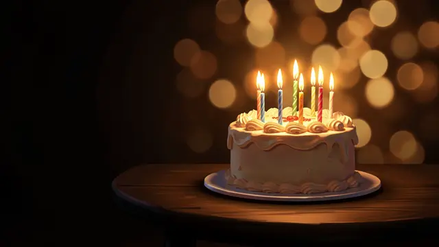 A frosted birthday cake with lit candles sits on a dark wooden table with warm bokeh lights behind, and empty shadowy space