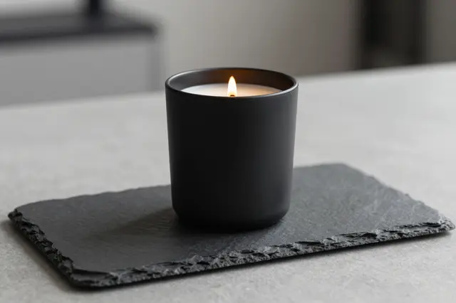 A lit matte black candle vessel rests on a rough slate tray atop a light table in soft dim indoor light.