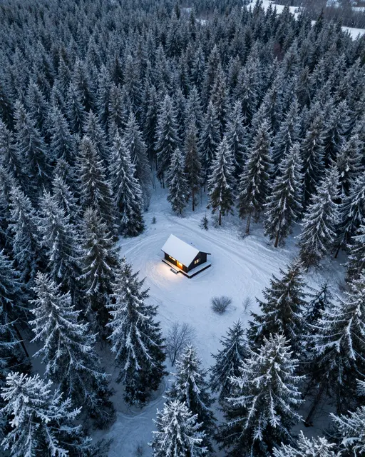 Aerial view of a small glowing cabin in a snow covered clearing surrounded by dense spruce trees at dusk