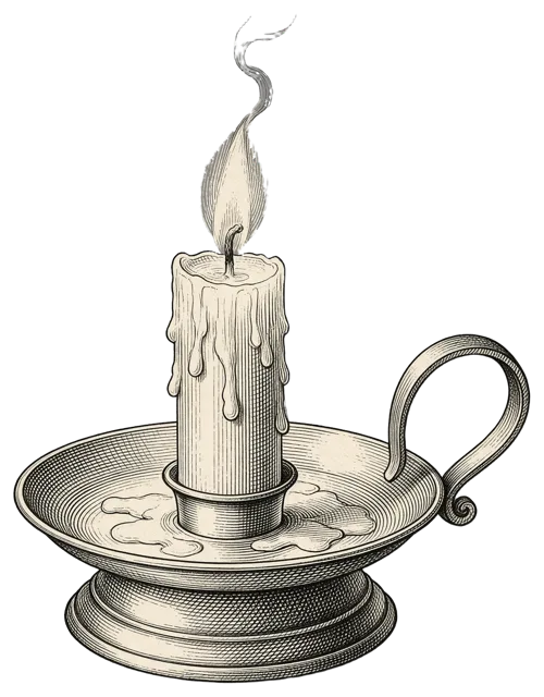 Antique engraved illustration of a lit dripping candle set in a brass chamberstick with a looped handle