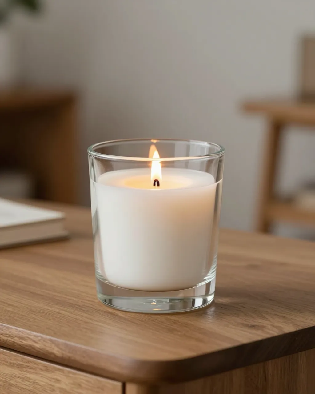 A lit plain white candle in a clear glass tumbler sits on a warm wooden side table in a soft focused cozy interior.