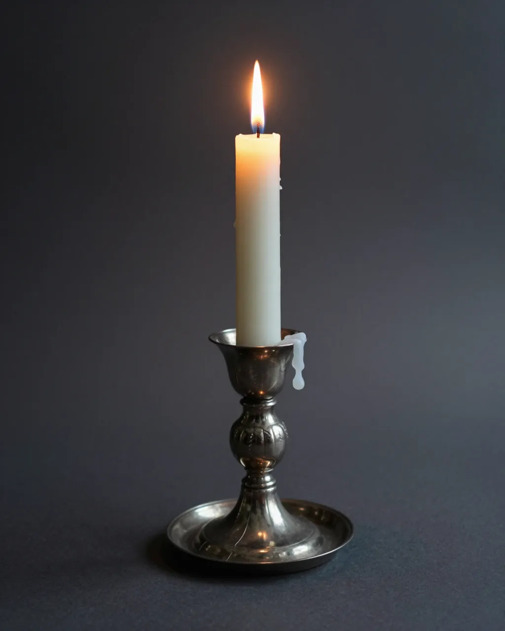 A single lit white candle with melting wax stands in an ornate pewter holder against a dark plain background