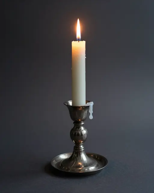 A single lit white candle with melting wax stands in an ornate pewter holder against a dark plain background