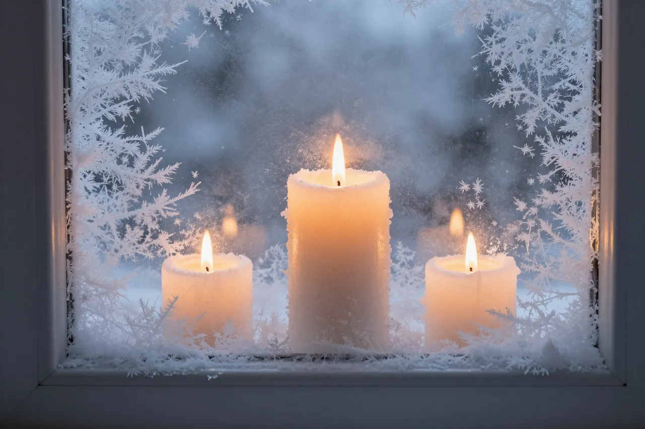 Burning cream candles sit on a window sill framed by delicate ice frost on a cold winter evening
