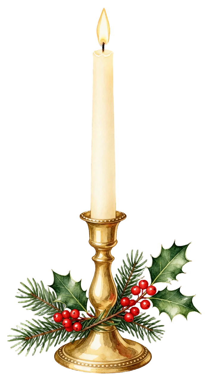 Watercolor illustration of a lit cream taper candle in a brass holder surrounded by holly and fir sprigs