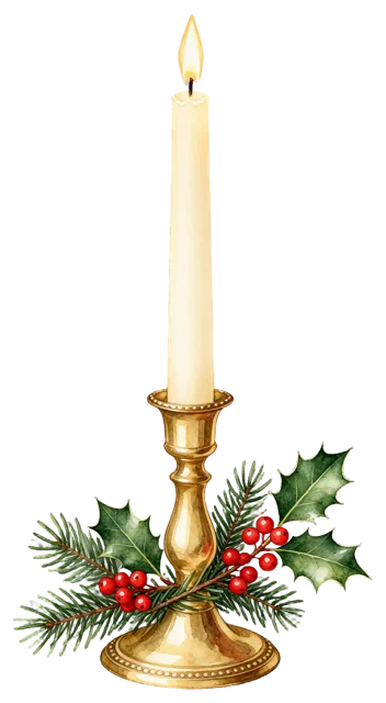 Watercolor illustration of a lit cream taper candle in a brass holder surrounded by holly and fir sprigs