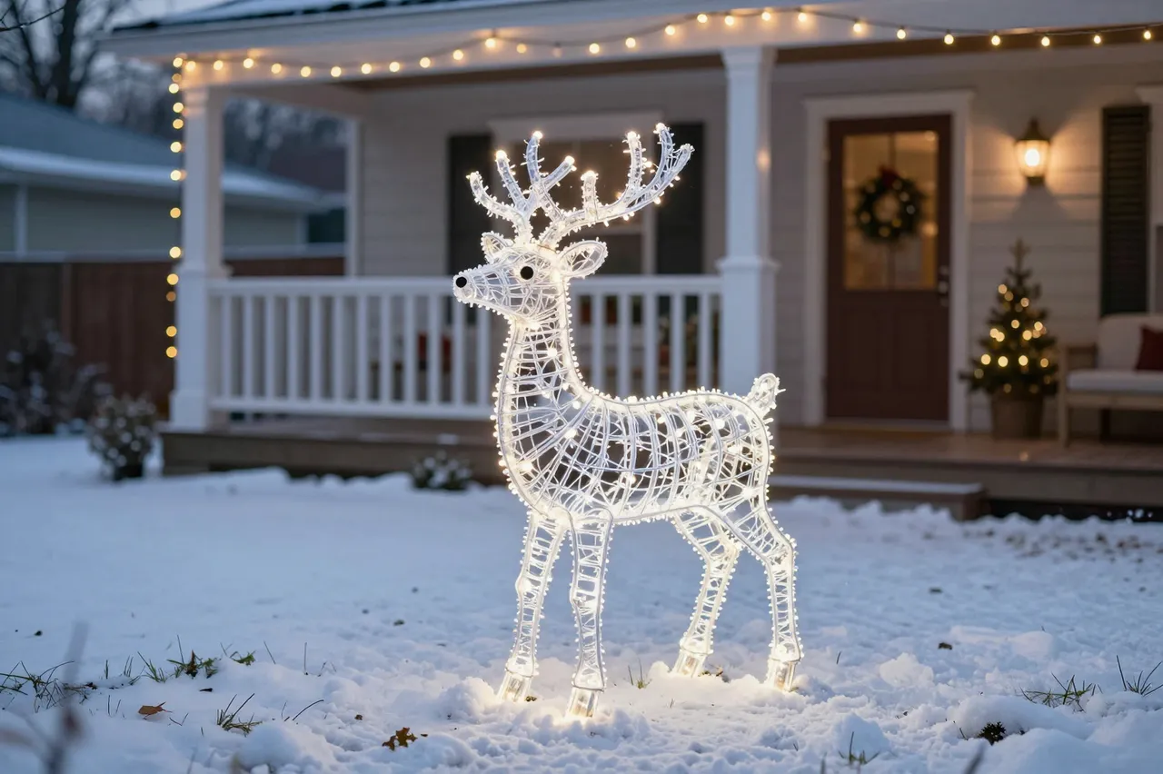 Glowing white wire reindeer Christmas decoration stands on snowy front lawn in front of a lit residential porch