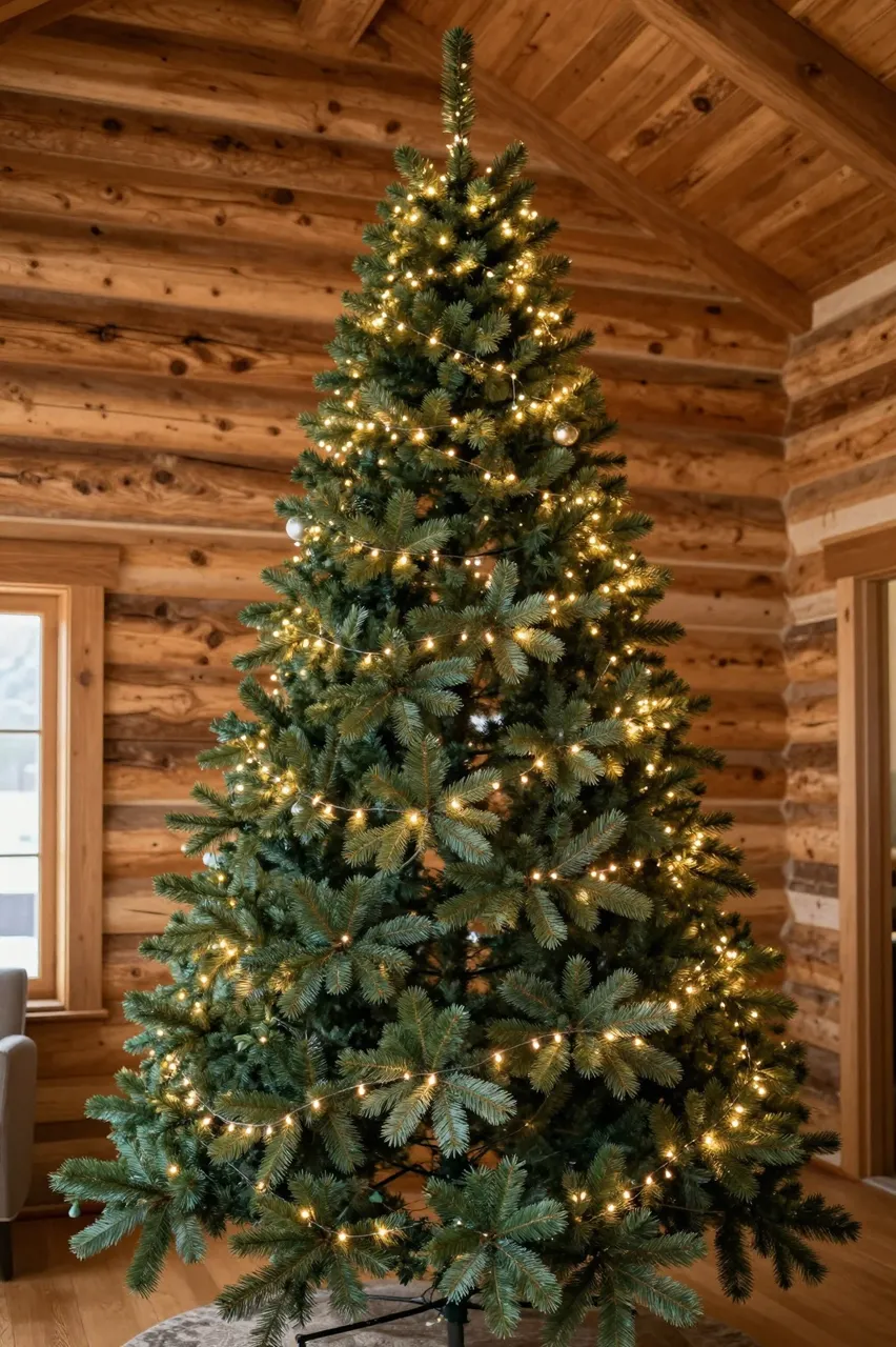 A tall decorated Christmas tree with warm fairy lights stands inside a rustic wood log cabin interior.