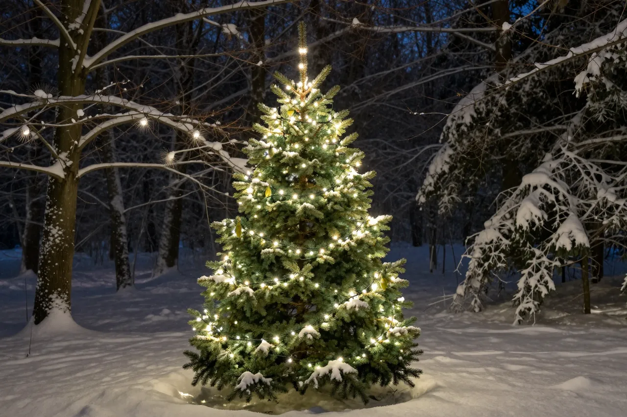 A snow-dusted Christmas tree strung with warm white lights glows in a dark winter forest at night.