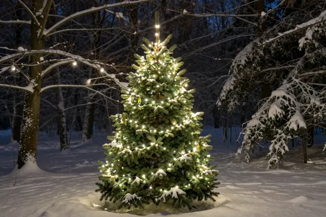 A snow-dusted Christmas tree strung with warm white lights glows in a dark winter forest at night.
