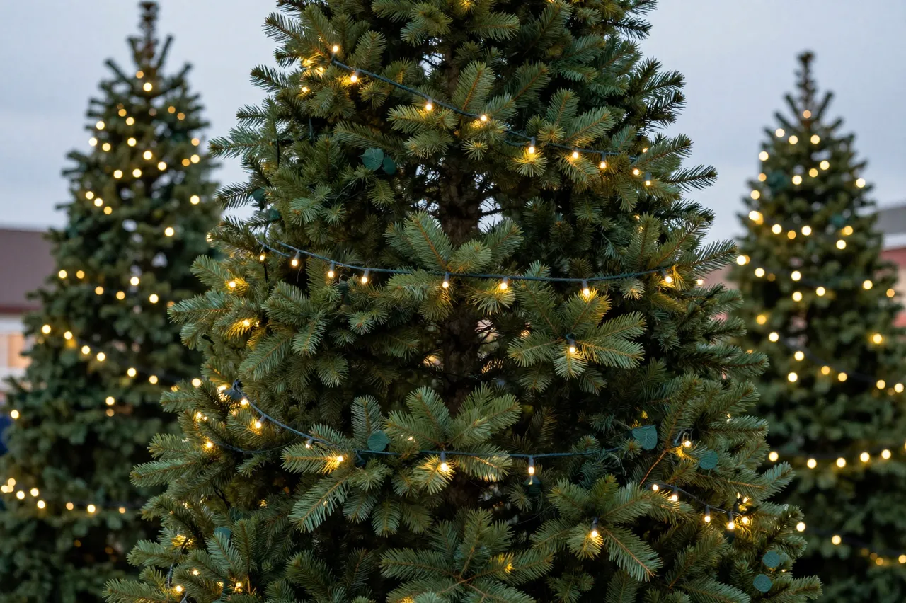 Evergreen Christmas trees strung with warm fairy lights stand at a tree lot under a pale overcast dusk sky