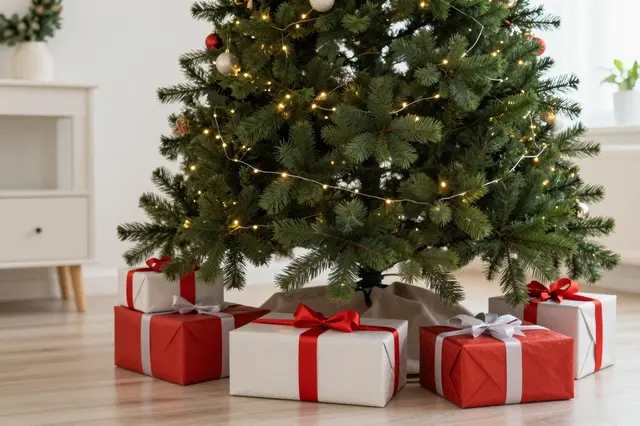 Wrapped gift boxes sit under a lit decorated Christmas tree in a bright cozy living room.