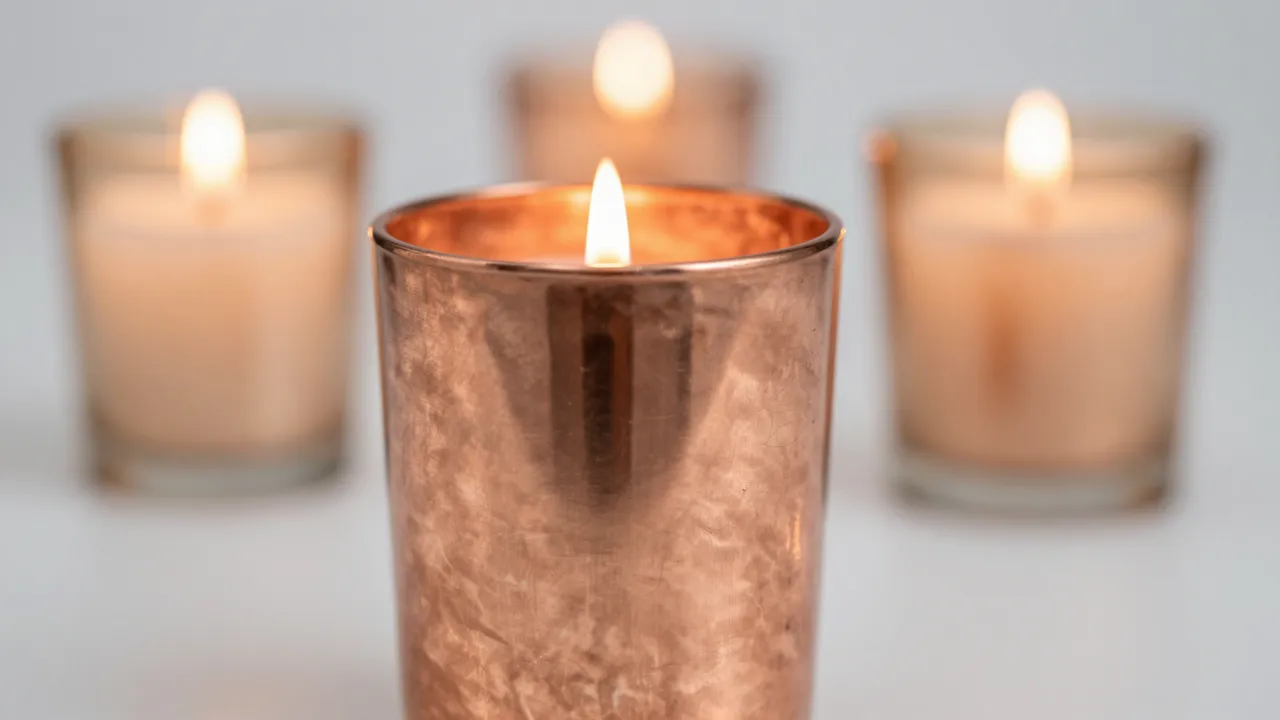 A sharp lit copper candle holder sits in the foreground with blurred glowing votive candles behind it.