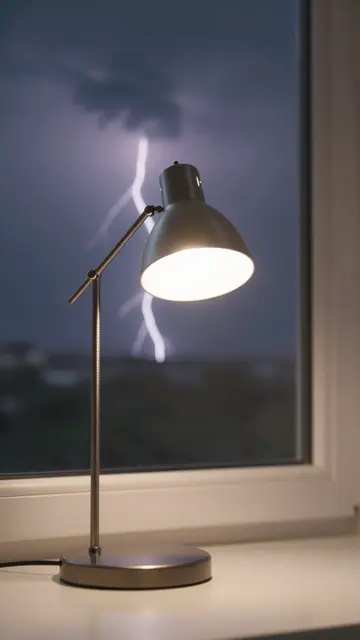An illuminated metal desk lamp sits on a windowsill as lightning flashes outside during a night thunderstorm