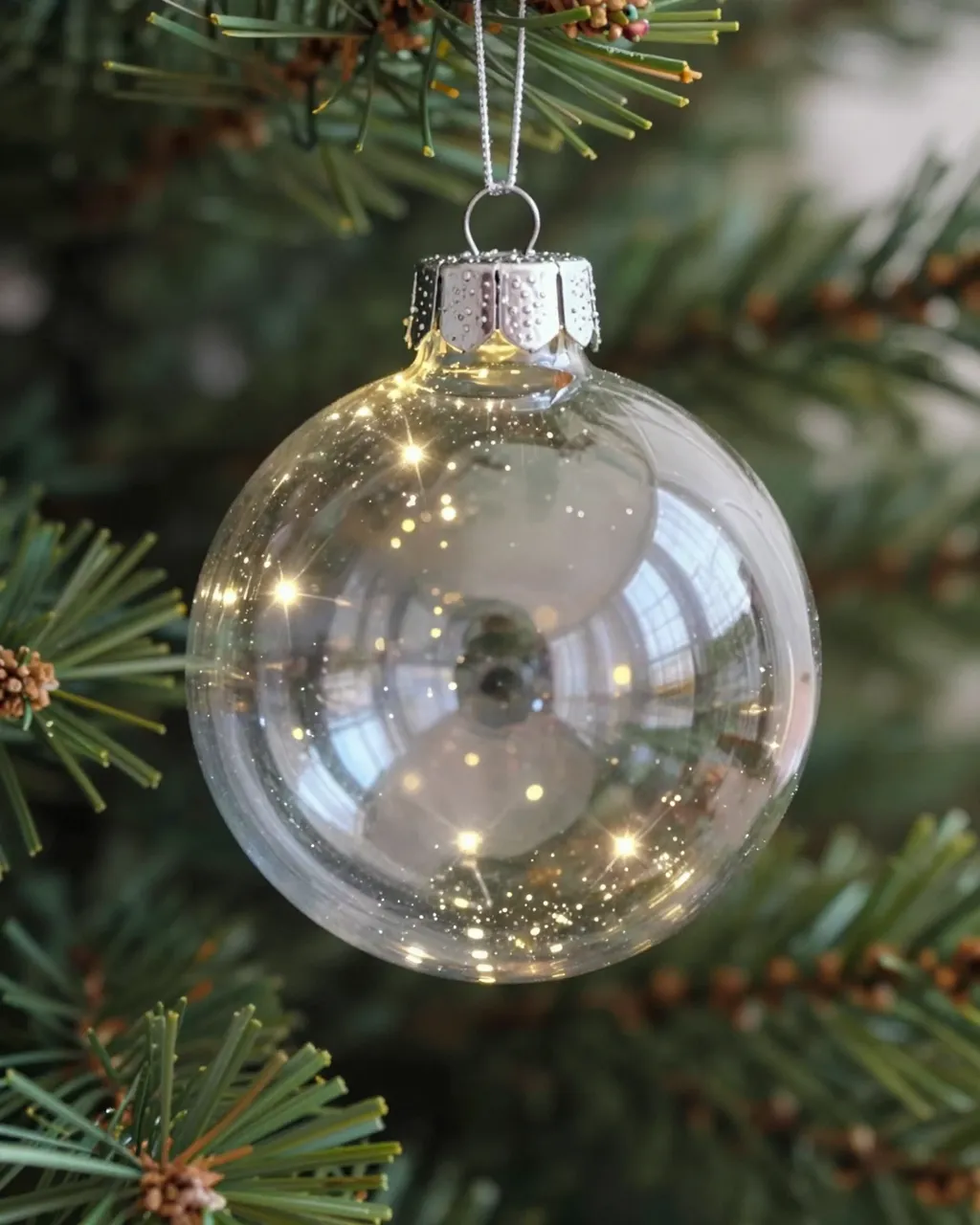 Clear glass Christmas bauble with tiny glowing lights hanging from evergreen tree branches
