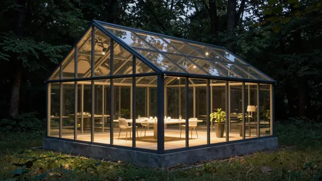 An illuminated gabled glass pavilion sits among dense trees in a forest at twilight