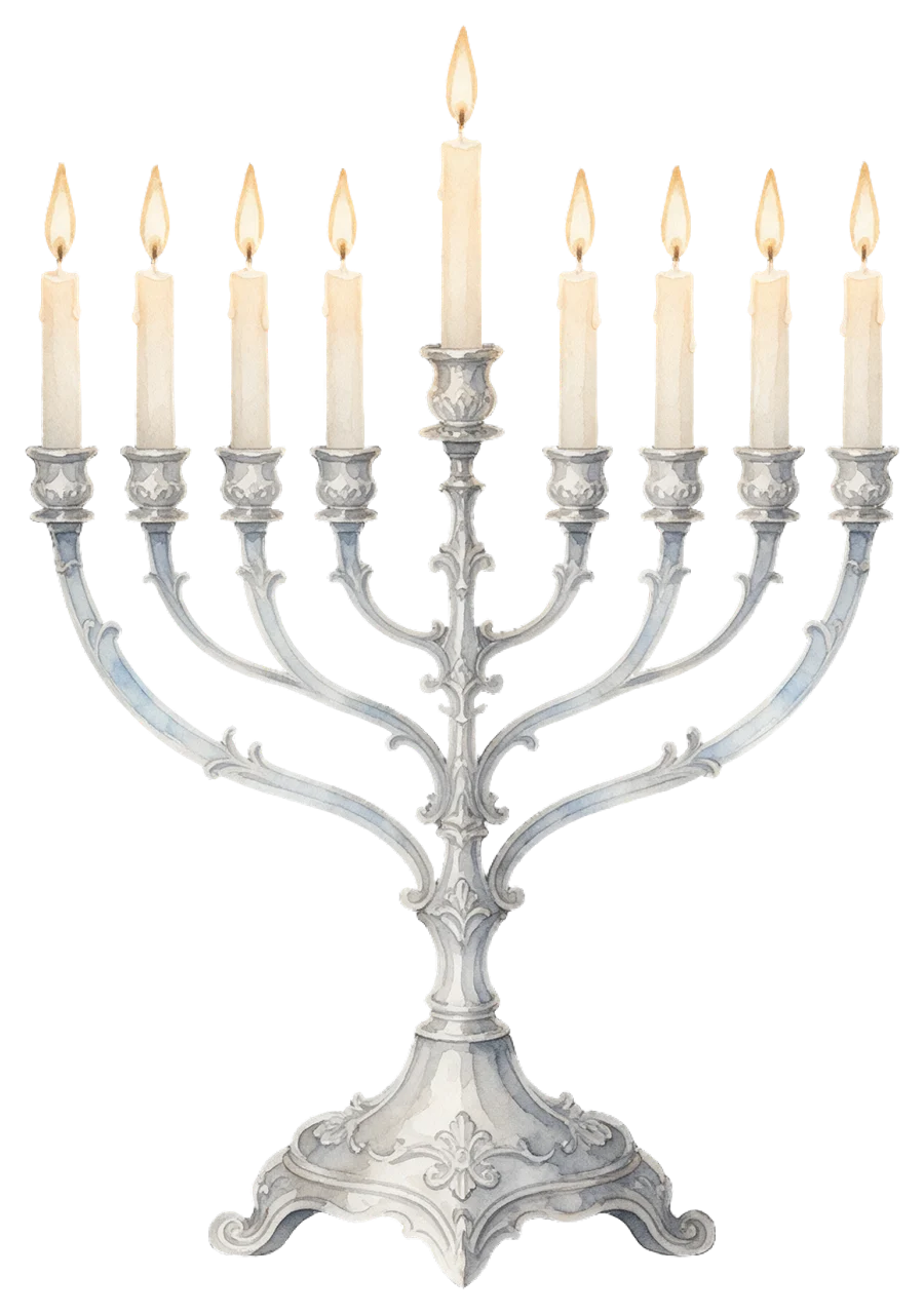 Delicate watercolor illustration of a lit silver Hanukkah menorah with warm golden candle flames
