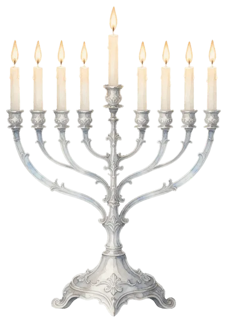 Delicate watercolor illustration of a lit silver Hanukkah menorah with warm golden candle flames