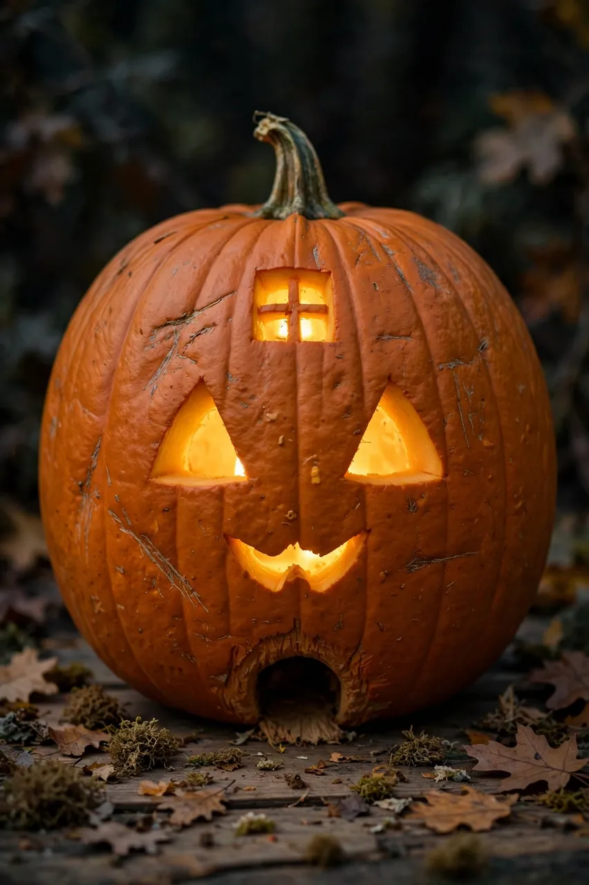 A carved lit jack-o'-lantern with a tiny window and mouse hole sits on weathered wood among autumn leaves