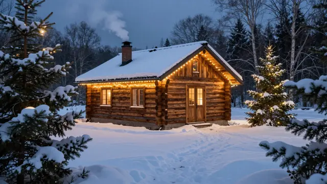 Snow-covered log cabin strung with warm Christmas lights sits between lit spruce trees in a snowy clearing at dusk, with