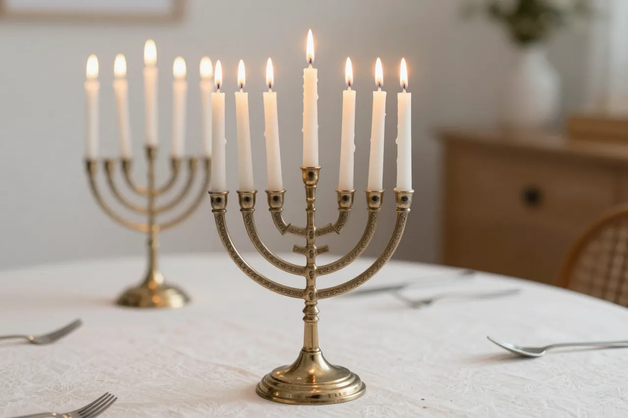 Two brass Hanukkah menorahs with lit candles sit on a white linen tablecloth set for a holiday meal.