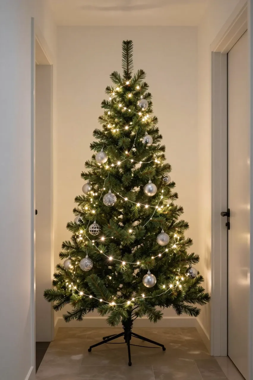 Slim decorated Christmas tree with warm lights and silver baubles stands in a narrow apartment hallway