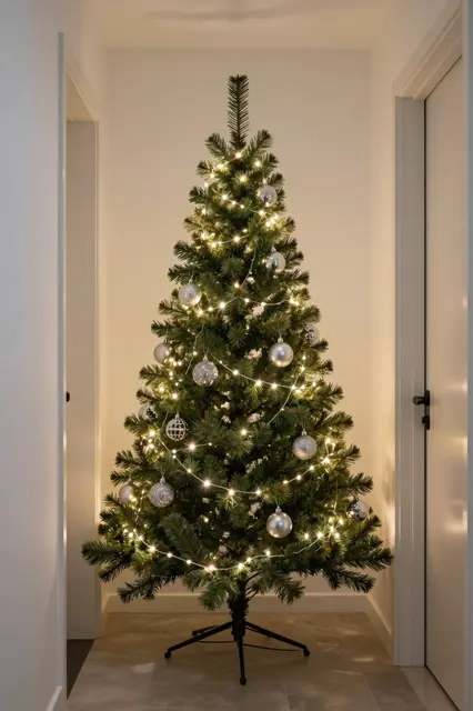 Slim decorated Christmas tree with warm lights and silver baubles stands in a narrow apartment hallway