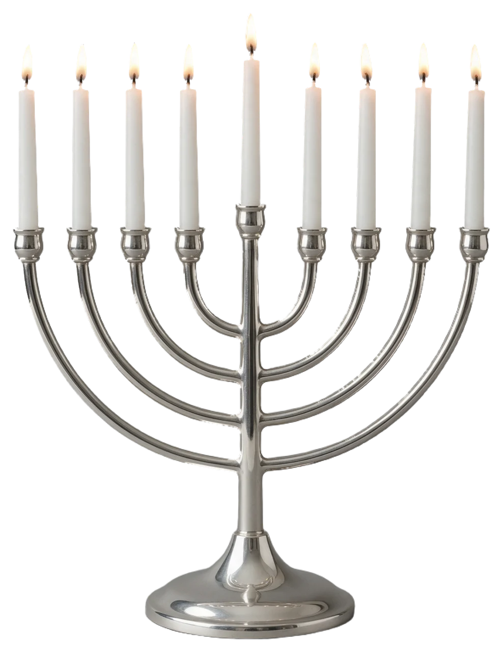 Polished silver Hanukkah menorah with all nine white candles lit and burning