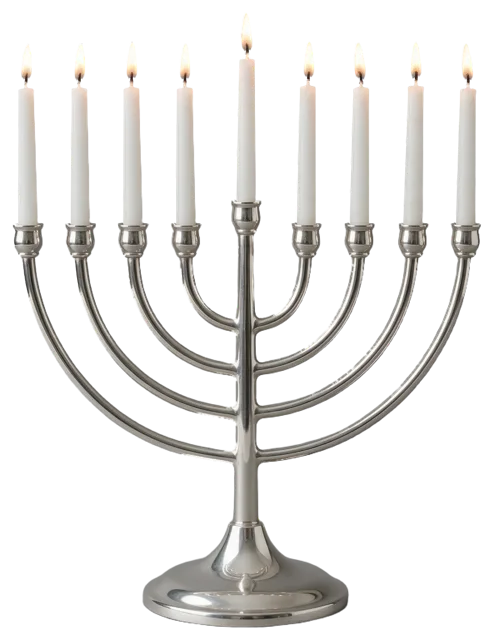 Polished silver Hanukkah menorah with all nine white candles lit and burning