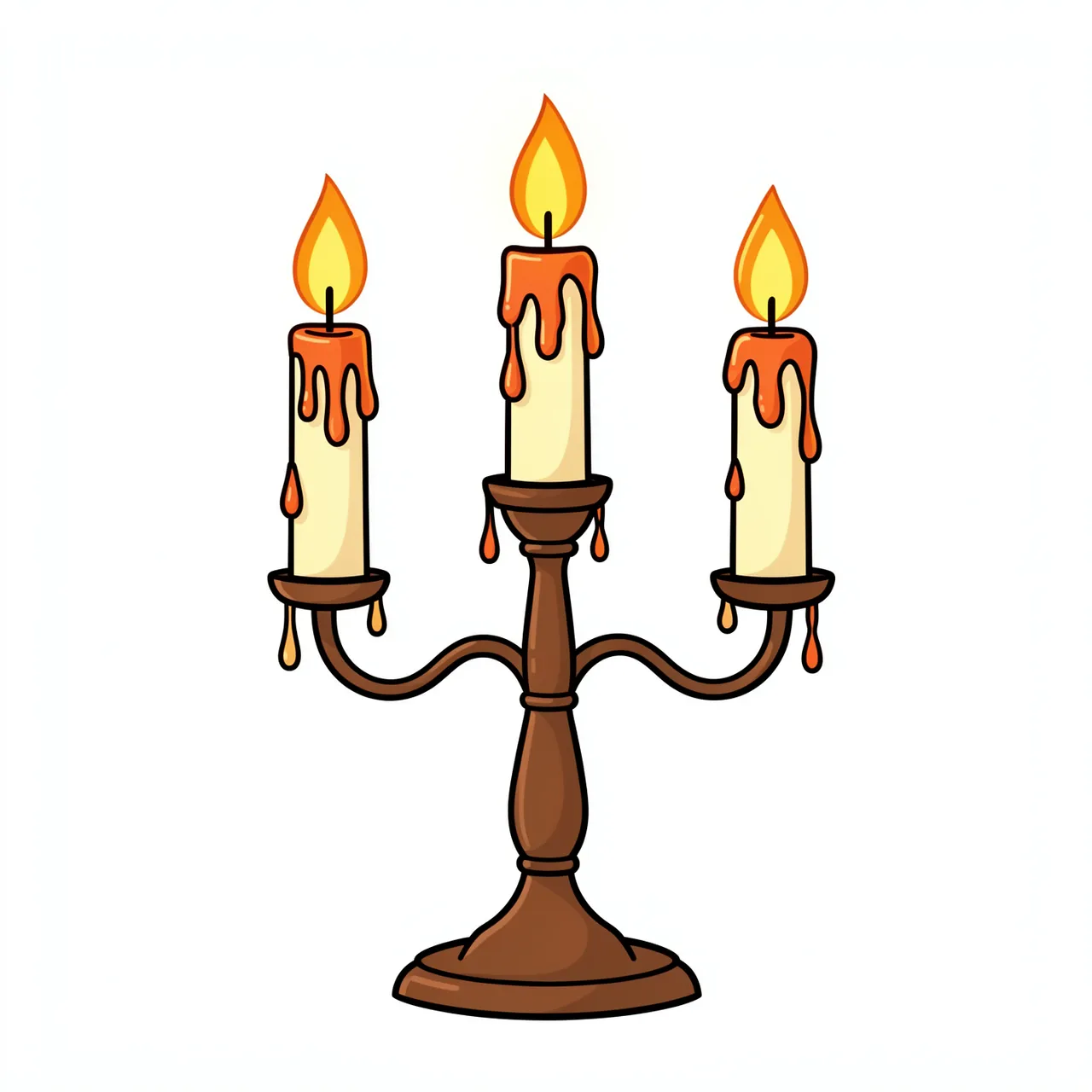Flat clipart illustration of a lit three-candle candelabra with dripping wax on an isolated white background