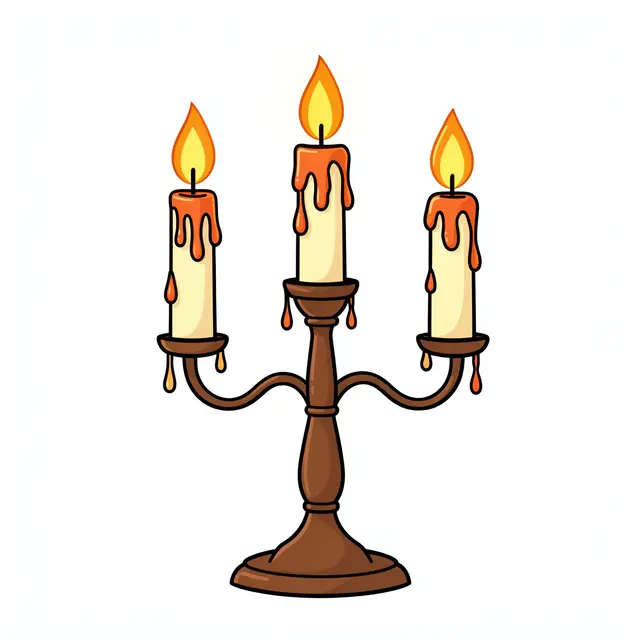 Flat clipart illustration of a lit three-candle candelabra with dripping wax on an isolated white background