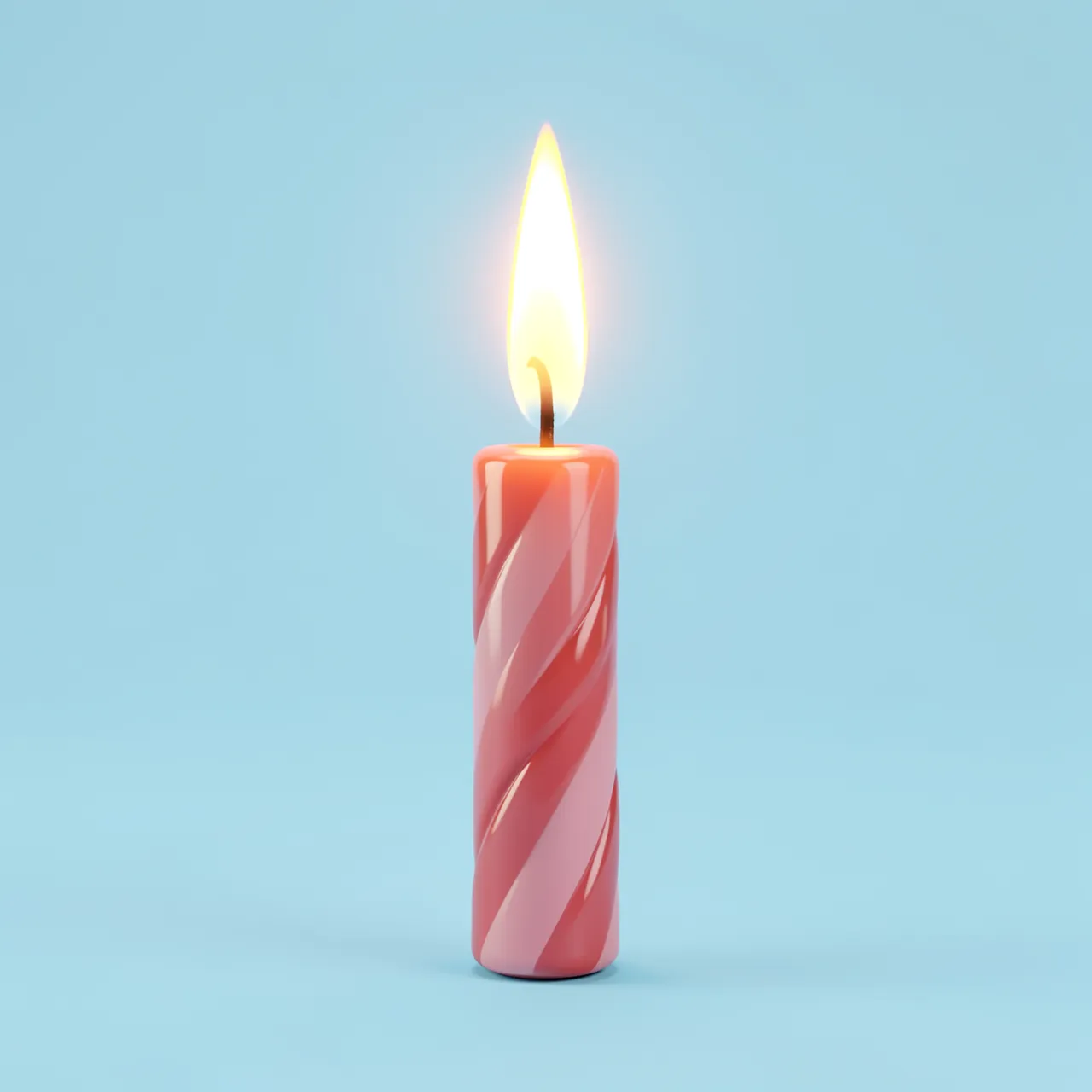 A glossy striped birthday candle with a bright glowing flame stands on a solid pastel blue background.