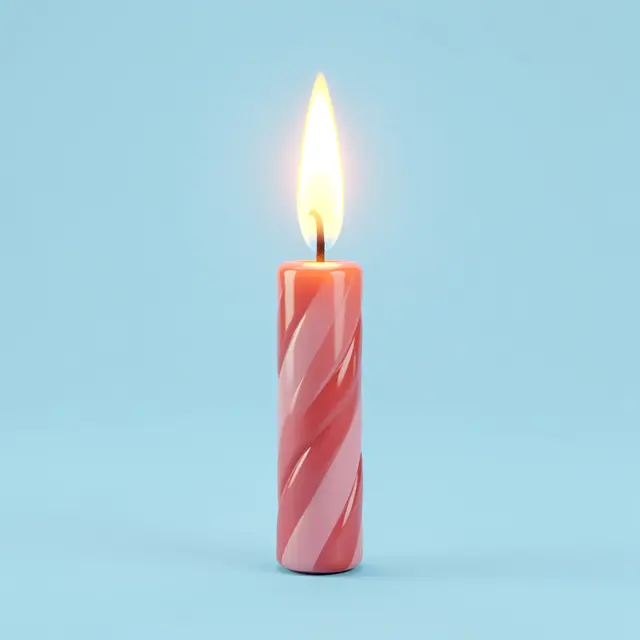 A glossy striped birthday candle with a bright glowing flame stands on a solid pastel blue background.