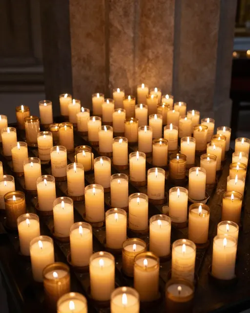 Rows of lit votive candles glow warmly in a dim stone chapel interior.