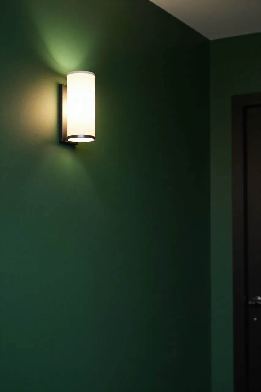 A lit cylindrical wall sconce casts warm light on a deep green interior hallway wall