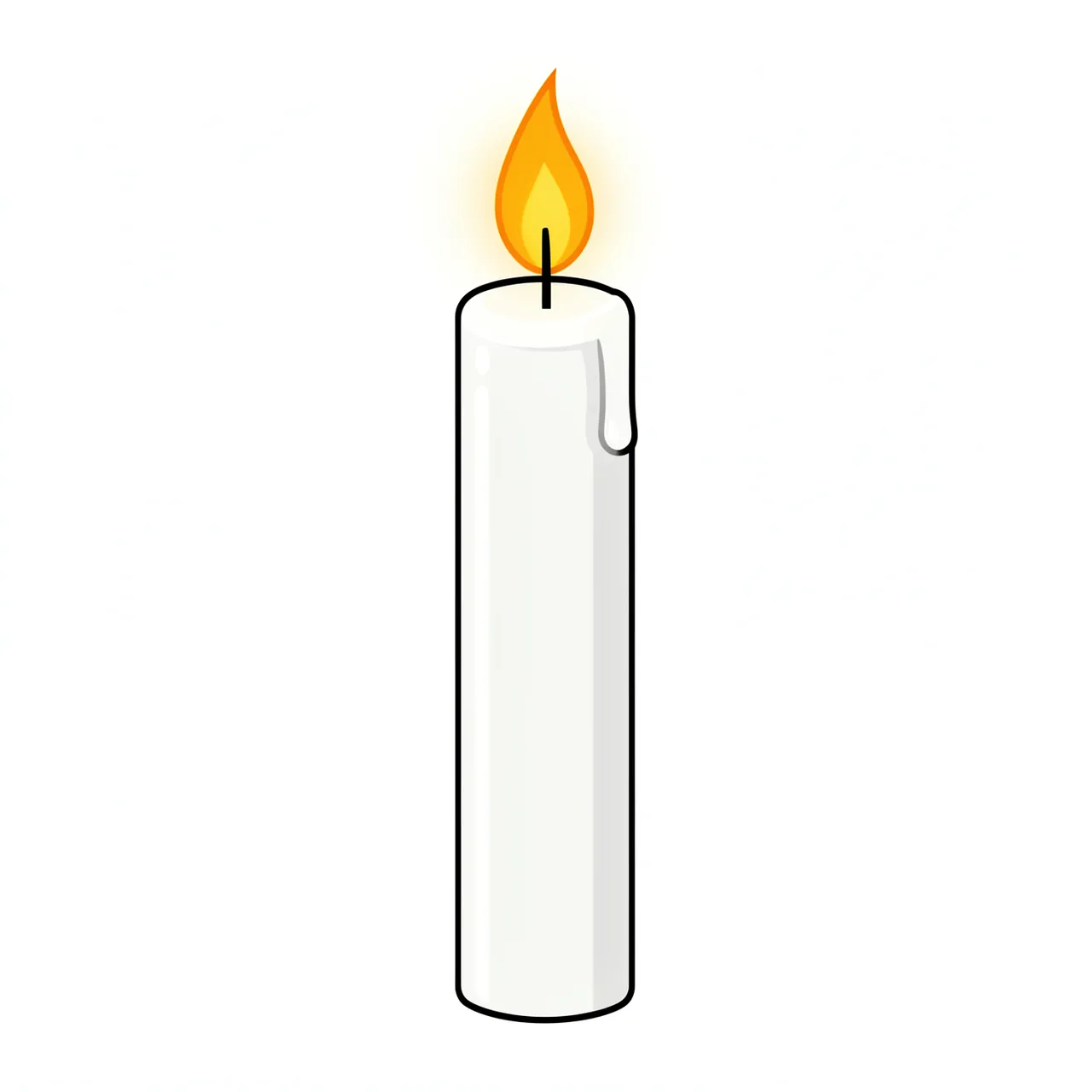 Flat illustration of a tall lit white pillar candle with a glowing flame isolated on a plain white background