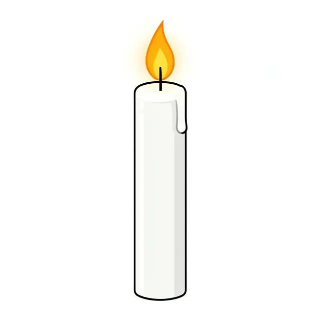 Flat illustration of a tall lit white pillar candle with a glowing flame isolated on a plain white background
