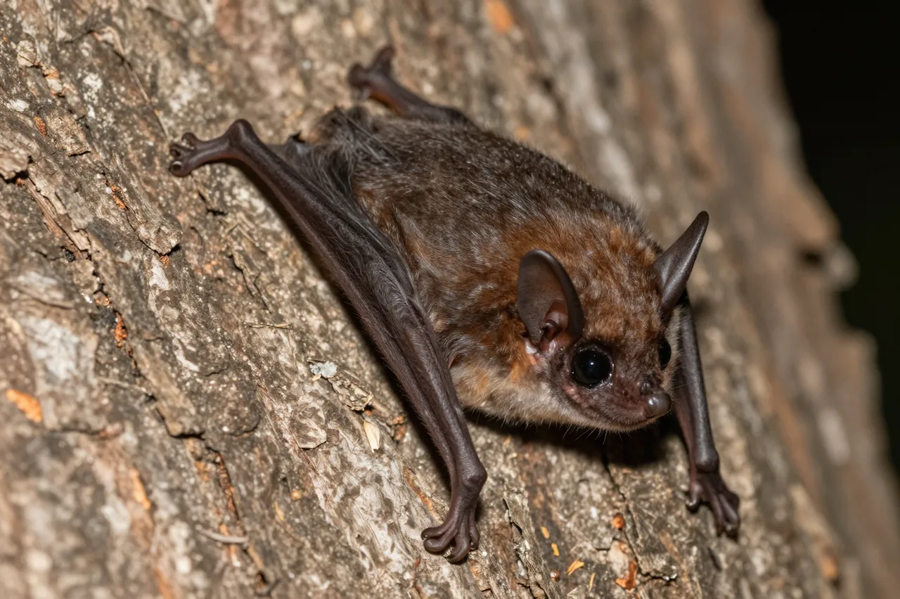 Close-up of a small brown bat clinging to rough textured tree bark