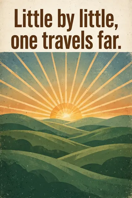 Vintage travel poster with bold lettering reading "Little by little, one travels far" above a sunrise over rolling green