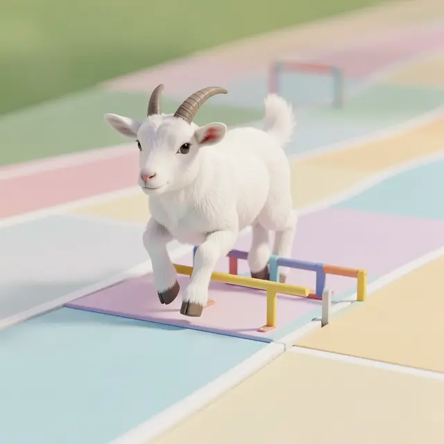 A fluffy white baby goat hops over tiny pastel hurdles on a multicolored running track
