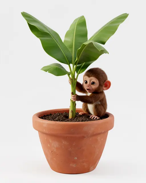 A fluffy cartoon monkey holds a small banana sapling planted in a large terracotta pot against a plain light background