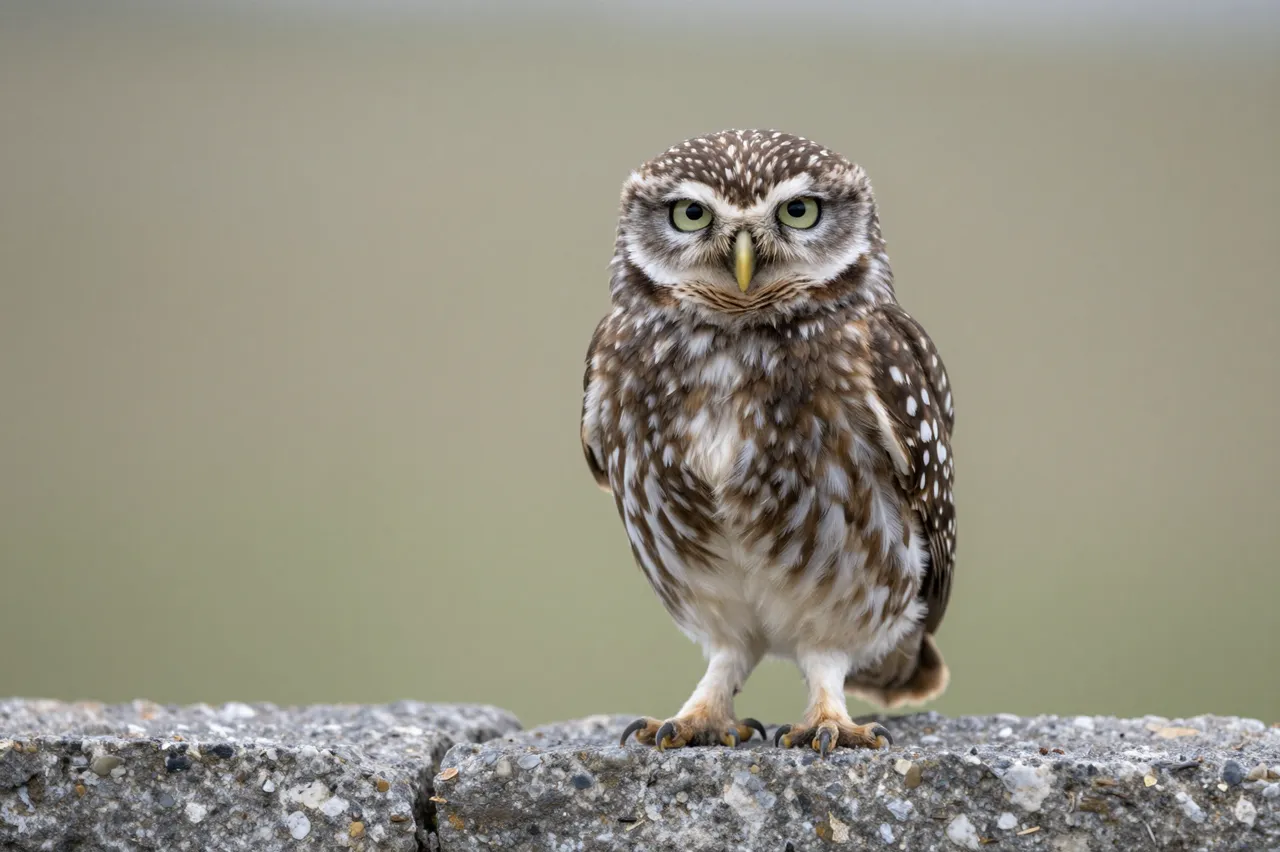 A little owl stands facing forward perched on a rough textured stone wall with a soft blurred background.
