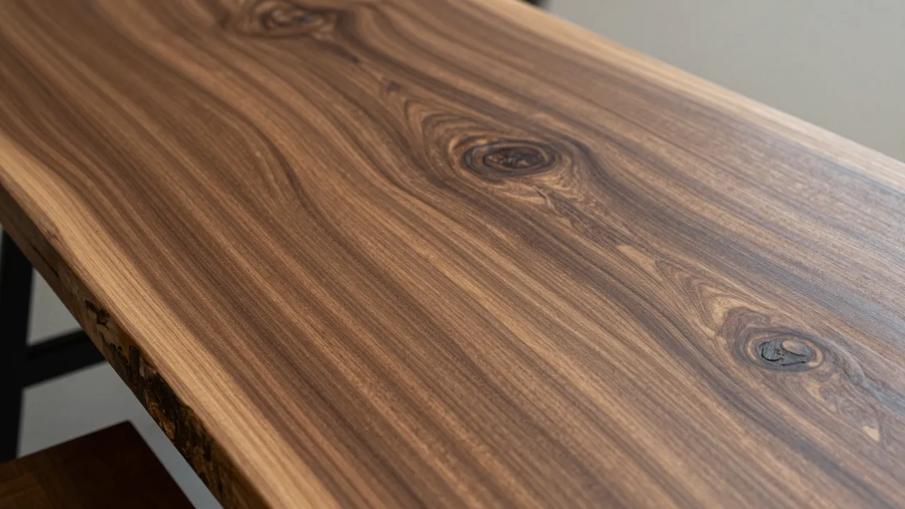 Close-up top view of a polished live-edge acacia slab with contrasting dark and light grain patterns
