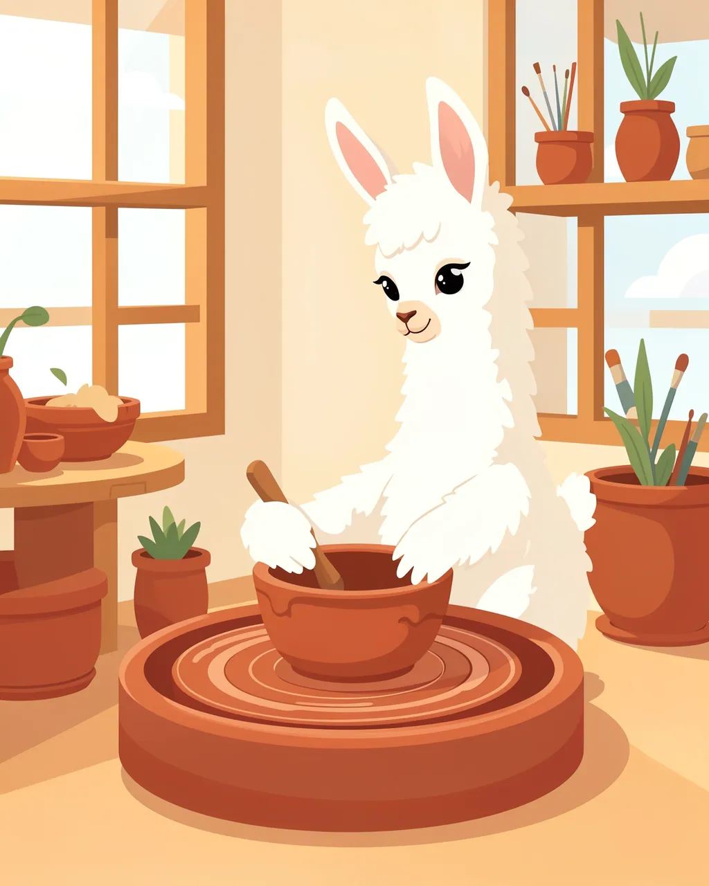 Cute white llama shapes a terracotta clay bowl on a pottery wheel in a sunlit craft studio