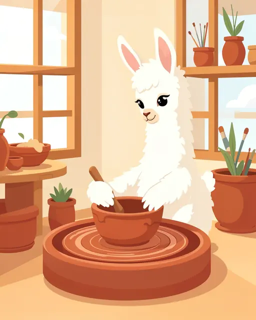 Cute white llama shapes a terracotta clay bowl on a pottery wheel in a sunlit craft studio