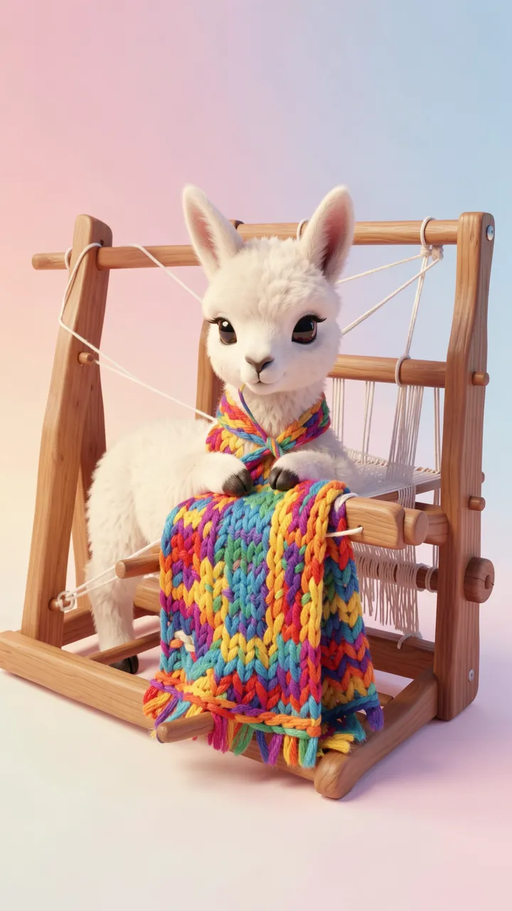 A fluffy white baby llama sits at a wooden loom with a bright rainbow woven blanket on a soft pastel gradient background.