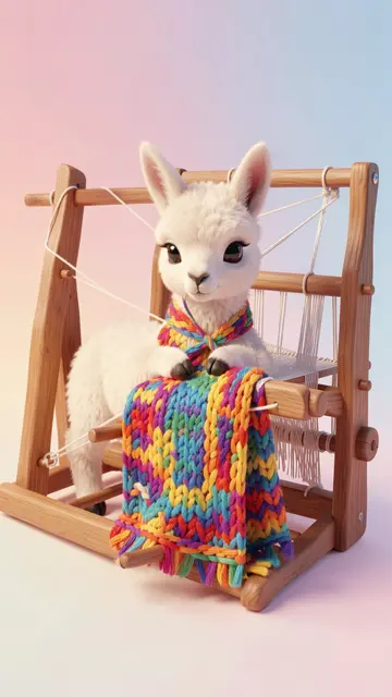 A fluffy white baby llama sits at a wooden loom with a bright rainbow woven blanket on a soft pastel gradient background.