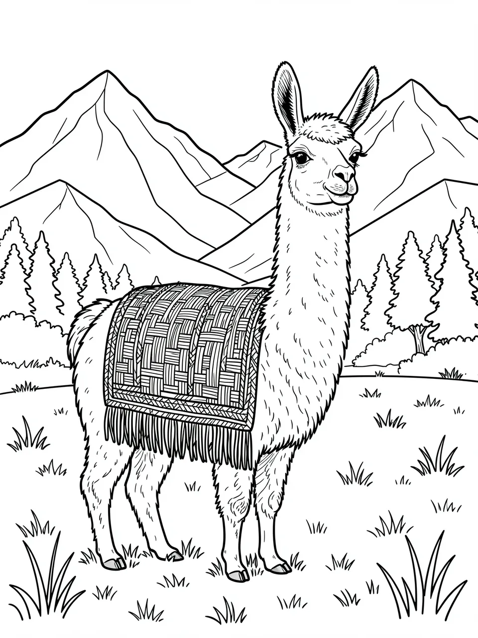 Black and white line art of a llama wearing a woven blanket standing in a mountain pasture