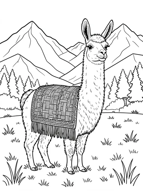 Black and white line art of a llama wearing a woven blanket standing in a mountain pasture