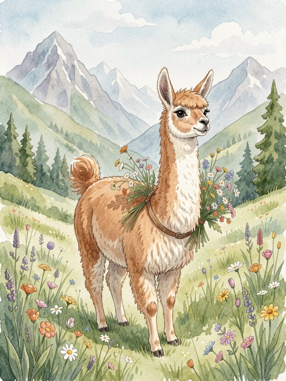 Watercolor illustration of a cute llama carrying wildflowers in a mountain meadow
